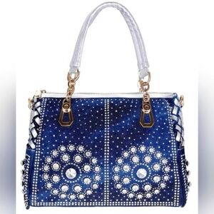 Elegant Blue Denim and White and Silver Embellished Handbag